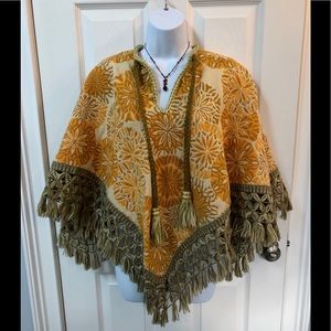 Vintage Boho Style Handmade Poncho Cream Gold OSFM